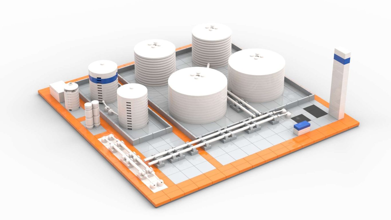 Diagrama de una planta industrial con tanques y estructuras de almacenamiento.