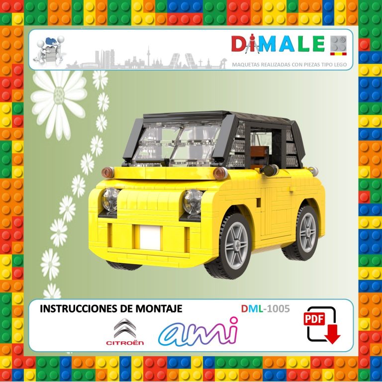 Coche de juguete amarillo de bloques, con instrucciones de montaje en el fondo.