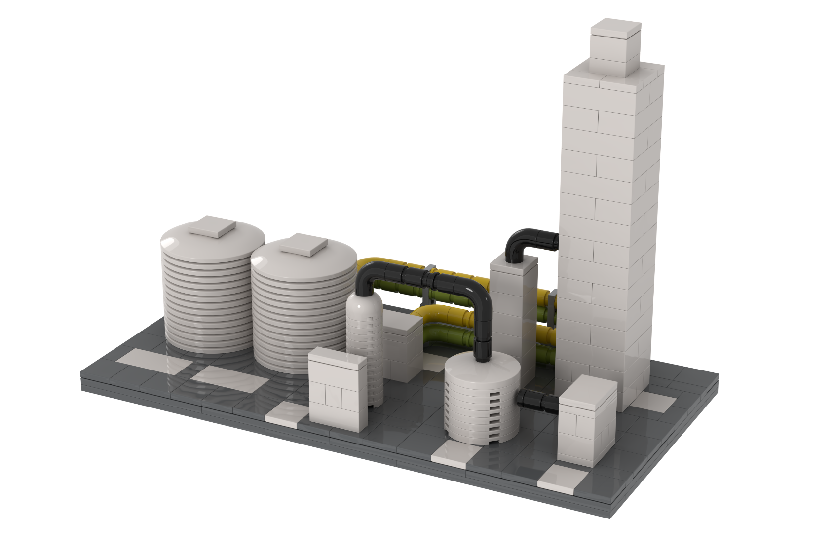 Modelo 3D de una planta industrial con edificios y tanques.