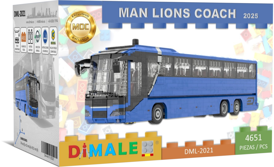 Autobús MAN Lions Coach Lego MOC Autobús modelo MAN Lions Coach en caja de juguete, diseño en azul y detalles coloridos.