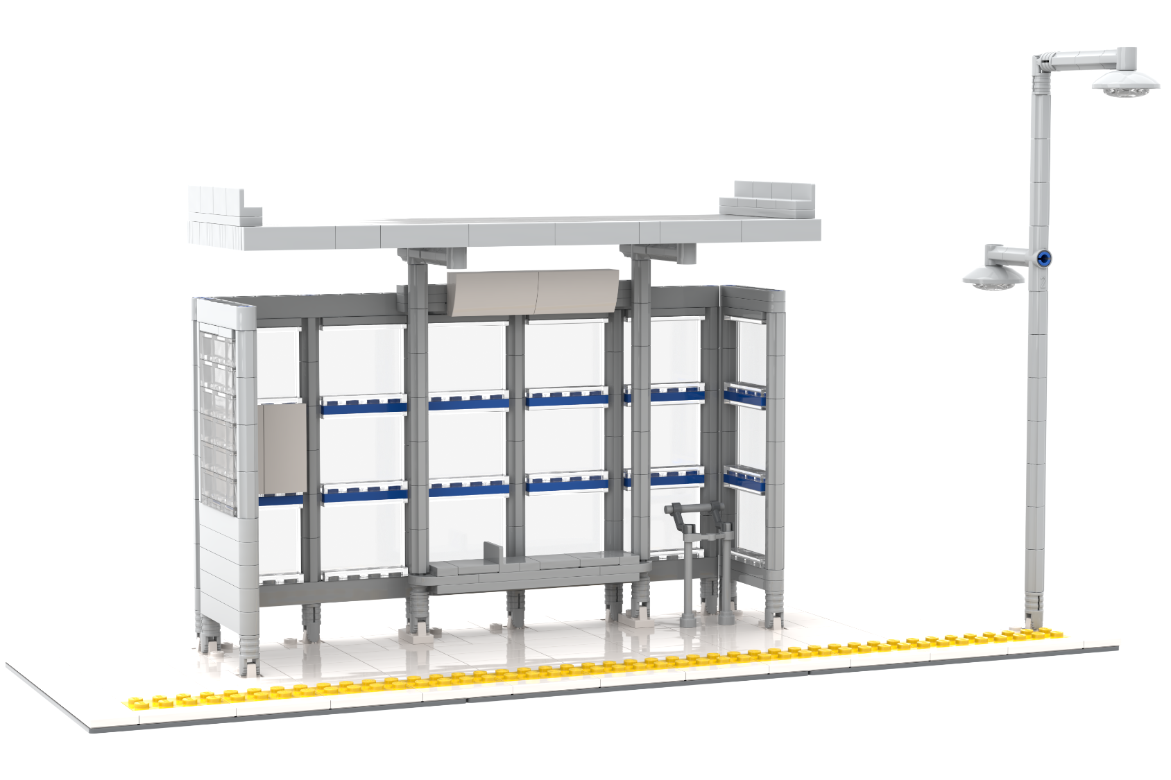 Parada de autobús moderna con estructura de metal y paneles transparentes.