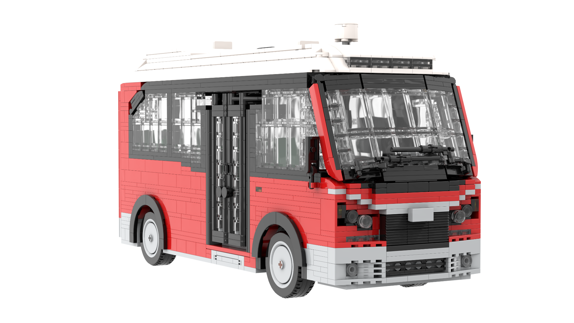 Autobús de juguete LEGO rojo y negro con ventanas transparentes.