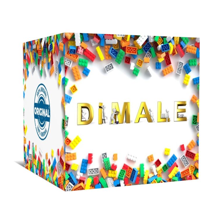 Caja decorada con coloridos bloques y la palabra "DIMALE" en el centro.