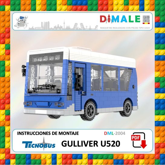 Instrucciones Tecnobús Gulliver U520 Modelo de autobús Tecnobús Gulliver U520 color azul y blanco construido con bloques de construcción.