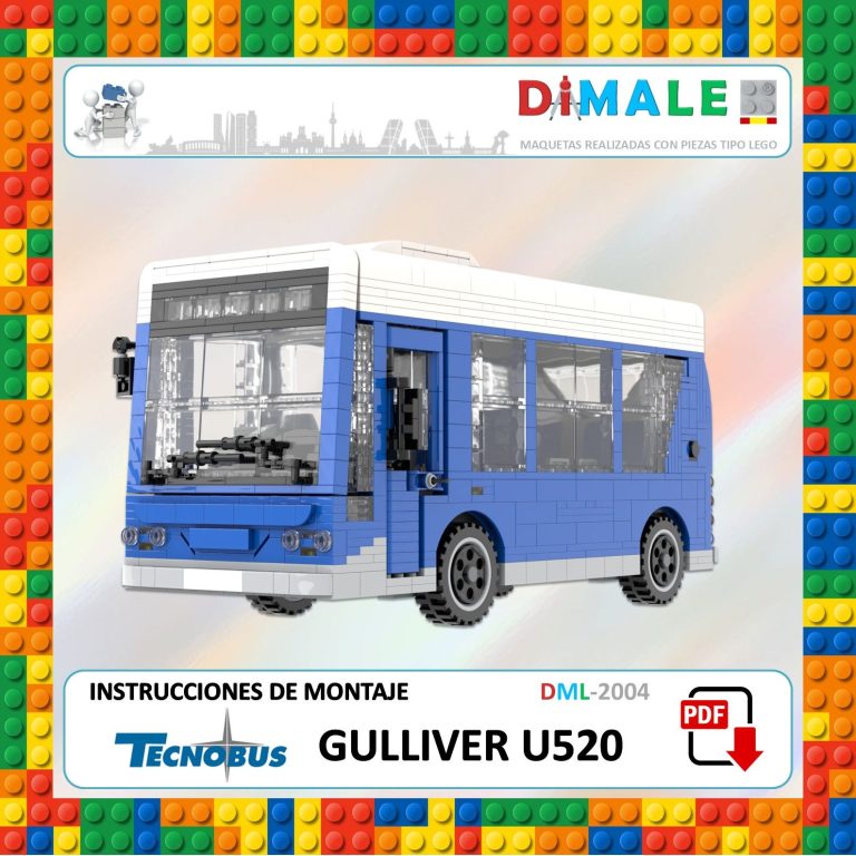 Autobús de juguete azul y blanco, modelo Gulliver U520, con instrucciones de montaje.