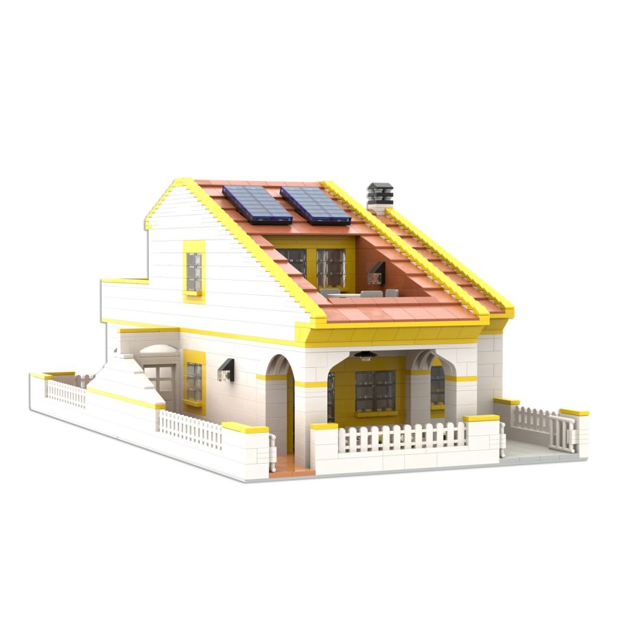 Viviendas Casa de dos plantas con paneles solares y una cerca blanca. Tejado a dos aguas amarillo.
