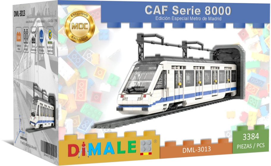 Tren Metro Madrid CAF S8000 Lego MOC Tren modelo CAF Serie 8000 en su empaque, diseñado para construcción de bloques.