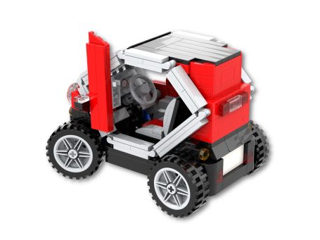 Coche de juguete construido con piezas modulares de colores rojo y negro.